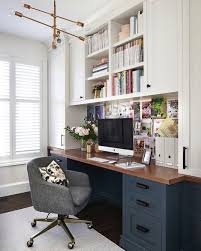 White And Navy Office Stained Wood Desk Top Gray Office Chair Home Office Furniture Home Office Space Home Office Design