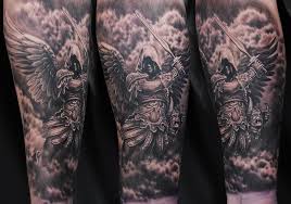 Black And Grey Realism Tattoo Artists Vancouver Black And Gray Warrior Angel Artist Janis Anderson Tattoo Archangel Angel Warrior Sword Clouds Sky War In 2020 Angel Warrior Body Armor Tattoo Armor Tattoo