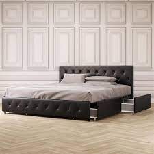 Dhp dakota upholstered platform bed. Dhp Dakota King Upholstered Bed With Storage Drawers In Black Faux Leather 4291049