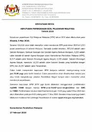 Aras 6, setia perdana 2, kompleks setia perdana, pusat pentadbiran kerajaan persekutuan 62502. Kementerian Pendidikan Malaysia Kenyataan Media Keputusan Peperiksaan Sijil Pelajaran Malaysia Tahun 2019 27 Februari 2020 Facebook