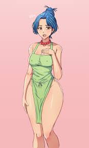 qthead, marge simpson, death note, death tome, the simpsons, treehouse of  horror, highres, 1girl, alternate hairstyle, animification, apron, blue  hair, breasts, brown eyes, cleavage, covered erect nipples, curvy,  earrings, facing viewer, feet