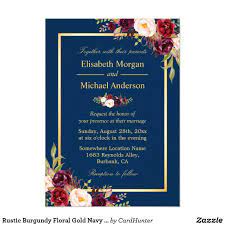 Rustic Burgundy Floral Gold Navy Blue Wedding Invitation Zazzle Com Blue Wedding Invitations Winter Wedding Invitations Floral Wedding Invitations