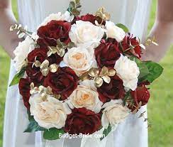 Artificial wedding bouquets, teardrop bouquets and hand tied wedding posies. Burgundy Fake Cheap Wedding Flowers Gold Wedding Bouquets Gold Bouquet Bridal Bouquet