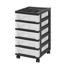 It has a removable top tray that slides back and forth to give you easy access to the bottom layer, and each level has a variety of compartments to store items like scissors, pens, tape, sticky notes, and more. Reviews For Iris 14 25 In L X 12 05 In W X 22 25 In H 5 Drawer Storage Cart With Organizer Top In Black And Pearl 585006 The Home Depot