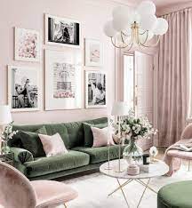 Stylish Art Gallery Wall Pink Green Living Room Black And White Posters Golden Frames Living Room Green Living Room Wall Wall Decor Living Room