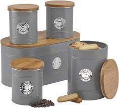 Buy wiselife clothes storage bags 100l 3 pack , large capacity blanket storage containers organizers for comforters, bedding, clothing, foldable 3 layer fabric, sturdy zippers, reinforced handle, clear window, grey: Cooks Professional Kitchen Storage Canister Set 5 Piece Tin Containers For Tea Coffee Sugar Biscuits Bread With Silver Detailing Grey Amazon Co Uk Home Kitchen