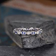 Sapphire Diamond Wedding Band Women Art Deco White Gold Eternity Ring Mar Sapphire Diamond Wedding Band Sapphire Diamond Wedding Ring White Gold Eternity Rings
