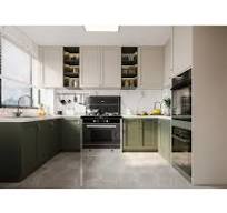Swete Shaker Style Kitchen Cabinets Custom Design L-Shape Green with Glass  Door Light Strip