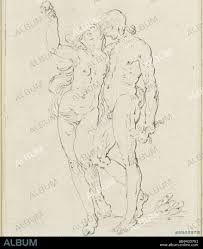 The naked Adam and Eve walk side by side. Eve holds the apple in her hand  and looks at it., Adam and Eve, print maker: Bernhard Schreuder,  (possibly), print maker: Corneli -