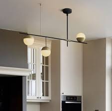 Mid Century Modern 3 Light Linear Ceiling Light In Black And Brass With Glass Globes For Dining Room Kitchen Island Restaurant
