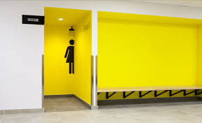 Black And Yellow Signage Signage Wayfinding Toilet Details Yellow Black Signaletique Signalisation Environmental Design Locker Roo Hostels Design Gym Interior Locker Designs