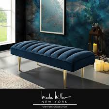 Nicole Miller Denver Navy Gold Velvet Bench With Upholstered