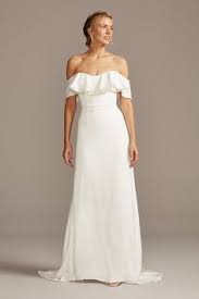 Pearl Trimmed Off The Shoulder Tall Wedding Dress David S Bridal Davids Bridal Wedding Dresses Wedding Dresses Under 500 Sleek Wedding Dress