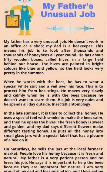 Learn more english through short english stories 🩷🩷 , Reading practice 👈 , Title : My father,s unusual job, #job #work #lifeworks | Rifka Setiani II | Facebook