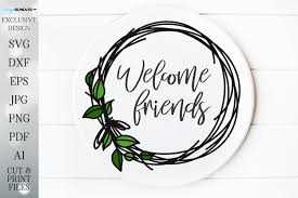 Handsfree, hat, magnifying glass, globe, calendar, target, blocs, star, notebook, armchair, video, webcam, speedometer, bubbles, mail, purse. Welcome Friends Farmhouse Wreath Sign