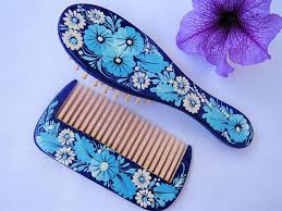 Wooden Hair Brush And Comb Set Hand Carved Hand Painted Etsy Wooden Hair Brush Boho Hairstyles Carving