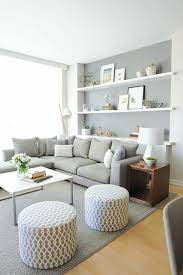Gray Wall Color Light Gray Sofa White Shelves Decorations Color Decoration Small Living Room Design Scandinavian Design Living Room Living Room Scandinavian