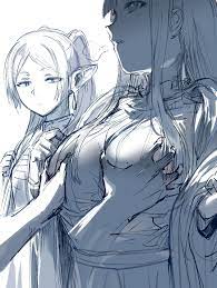 2girls blunt bangs breast envy breasts disembodied limb earrings  elf fern (sousou no frieren) frieren grabbing grabbing another's breast  hews hews hack highres jewelry large breasts long hair long