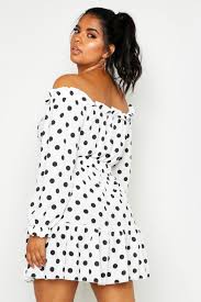 Black And White Polka Dot Dress Off The Shoulder Plus Off Shoulder Polka Dot Ruffle Skater Dress Boohoo Black Skater Dress Polka Dots Outfit Bodycon Fashion