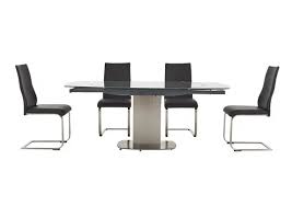 The rectangular glass table sits on top of four polished stainless steel legs. Flow Swivel Glass Dining Table With 4 Chairs Furniture Village