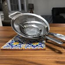 Grease, yogurt, noodle, flour, oil, pasta. All Clad 3 Piece Stainless Steel Strainer Set Williams Sonoma