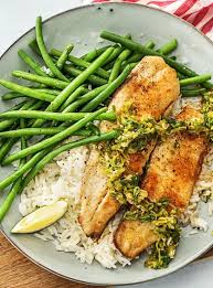 Tilapia With Scallion Sriracha Pesto Over Ginger Jasmine Rice With Green Beans More Healthy Seafood Recipes On He Hello Fresh Recipes Recipes Cooking Seafood