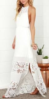 White Halter Backless Crochet Lace Maxi Dress Shein Sheinside Vestidos Vestido De Casamento Simples Moda Boho