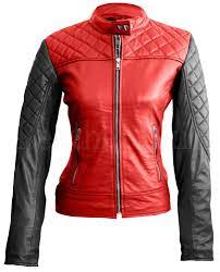 Leather Skin Women Red With Black Sleeves Shoulder Quilted Genuine Leather Jacket Leather Jacket Leather Jackets Women Red Jacket Leather