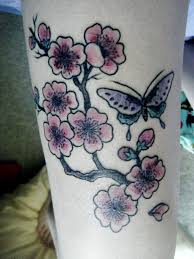 Cherry blossom tree tat japanese cherry blossom tree bends around written symbols with red and pink flowers blooming and falling to the ground. Cherry Blossom Tattoo Meanings Hasso Cherry Blossom Tattoo Meaning Cherry Blossom Tattoo Tattoo Designs