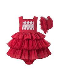 This dress is just too cute! 3 Pieces Babies Boutique Embroidery Red Ruffled Layers Dresss Cute Bloomers Hat