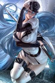 обои : Esdeath Akame Ga Kill, Akame ga Kill, Аниме девушки, аниме,  Фэнтезийная девушка, синие волосы, длинные волосы, Береты, голубые глаза,  arm warmers, меч, Военная форма, платье, thigh high boots, Лед, Портретный