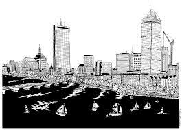 A Pen Ink Drawing Of The Boston Skyline From Memorial Drive With The Pru And Hancock Standing Ground Boston Skyline Skyline Drawing Skyline