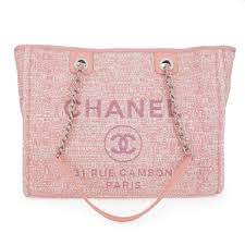 CHANEL Small Glitter Deauville Tote Bag in Pink Canvas | Dearluxe