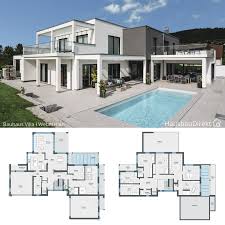 Moderne Villa Im Bauhausstil Mit Flachdach Garage Pool Bauen Luxus Haus Grundriss Ideen Mod In 2020 House Architecture Design Sims House Plans Classic House Design