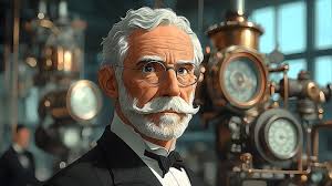 Cartoon Portrait of Nikolaus Otto and His Internal Combustion Engine  Innovation