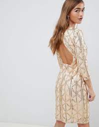 Tfnc London Synthetic Geometric Sequin Bodycon Dress With Open Back In Gold In Metallic Lyst