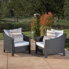 Noble House Black Iron Framed Wicker Outdoor Lounge Chairs With White Cushion 2 Pack Lounge Chair Outdoor Backyard Seating Noble House