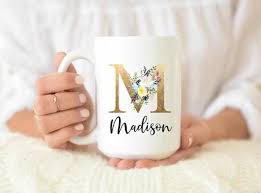 Personalized Coffee Mug Personalized Name Coffee Cup Initial Mug Gold Brown Initial With Flowers Mug Gift For Friend Birthday Gift Personalized Coffee Mugs Initial Coffee Mugs Mugs