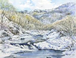 初冬の流れ 葛巻町 畑 岩手県 水彩画 from いわて blog 水彩画 風景 美しい景色 水彩画