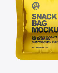 Glossy Metallic Snack Bag Mockup In Flow Pack Mockups On Yellow Images Object Mockups