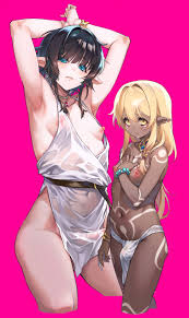 Rule 34 - 2boys Absurdres Androgynous Armpits Arms Up Black Hair Blonde  Hair Blue Eyes Body Markings Bracelet Bulge Cropped Legs Cute Male  Dark-skinned Femboy Dark-skinned Male Dark Skin Dress Elf Elf