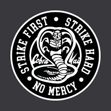 V • t • e. Cobra Kai Strike First Strike Hard No Mercy White Cobra Kai T Shirt Teepublic Dibujos Para Remeras Serigrafia En Playeras Katas De Karate