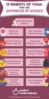 13 Benefits Of Yoga That Are Supported By Science Positive Health Wellness Infographic Scienceinfograph In 2020 Yoga Benefits How To Relieve Stress Pilates Benefits