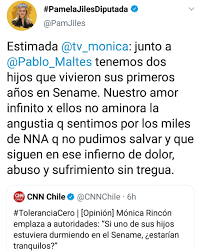 Opuestos«, a través de su cuenta de twitter, escribió; Pamela Jiles Moreno Estimada Monicarincon2017 Junto A Pablomaltes Tenemos Dos Hijos Que Vivieron Sus Primeros Anos En Sename Nuestro Amor Infinito Por Ellos No Aminora La Angustia Que Sentimos Por