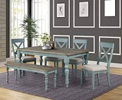 Shows like hgtv's fixer upper if you have kids, you may want to place chairs on one side of the table and a bench on the other. Amazon Com Roundhill Furniture Prato 6 Piece Table Set With Cross Back Chairs And Dining Bench Blue Table Chair Sets