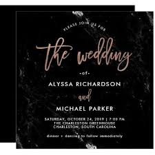 Black And Rose Gold Wedding Invitations Modern Script Rose Gold On Black Marble Wedding Invitation Zazzle Com Marble Invitation Wedding Marble Wedding Typography Wedding Invitations
