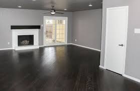 Living Room Diagonal Dark Wood Floors Floating Mantel Gray Walls White Brick Fireplace Remodel Modern Dark Wood Floors Grey Walls White Brick Fireplace