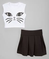 American Kids Black White Cat Crop Top Pleated Skirt Toddler Girls Girls Fashion Clothes Girls Crop Tops Crop Top Outfits