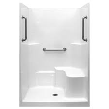 Ella Classic 48 In X 37 In X 80 In 1 Piece Low Threshold Shower Stall In Biscuit Grab Bars Rhs Molded Seat Center Drain 3648shrbis Pkg1 Shower Stall Fiberglass Shower Shower Kits