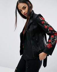 Missguided Missguided Floral Applique Leather Look Biker Jacket Fashion Vegan Leather Jacket Embellished Jacket